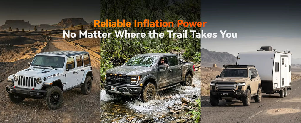 WOLFBOX 60D kit shown servicing three vehicle types: pickup, SUV, and trailer on dirt