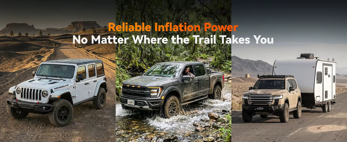 WOLFBOX 60D kit shown servicing three vehicle types: pickup, SUV, and trailer on dirt