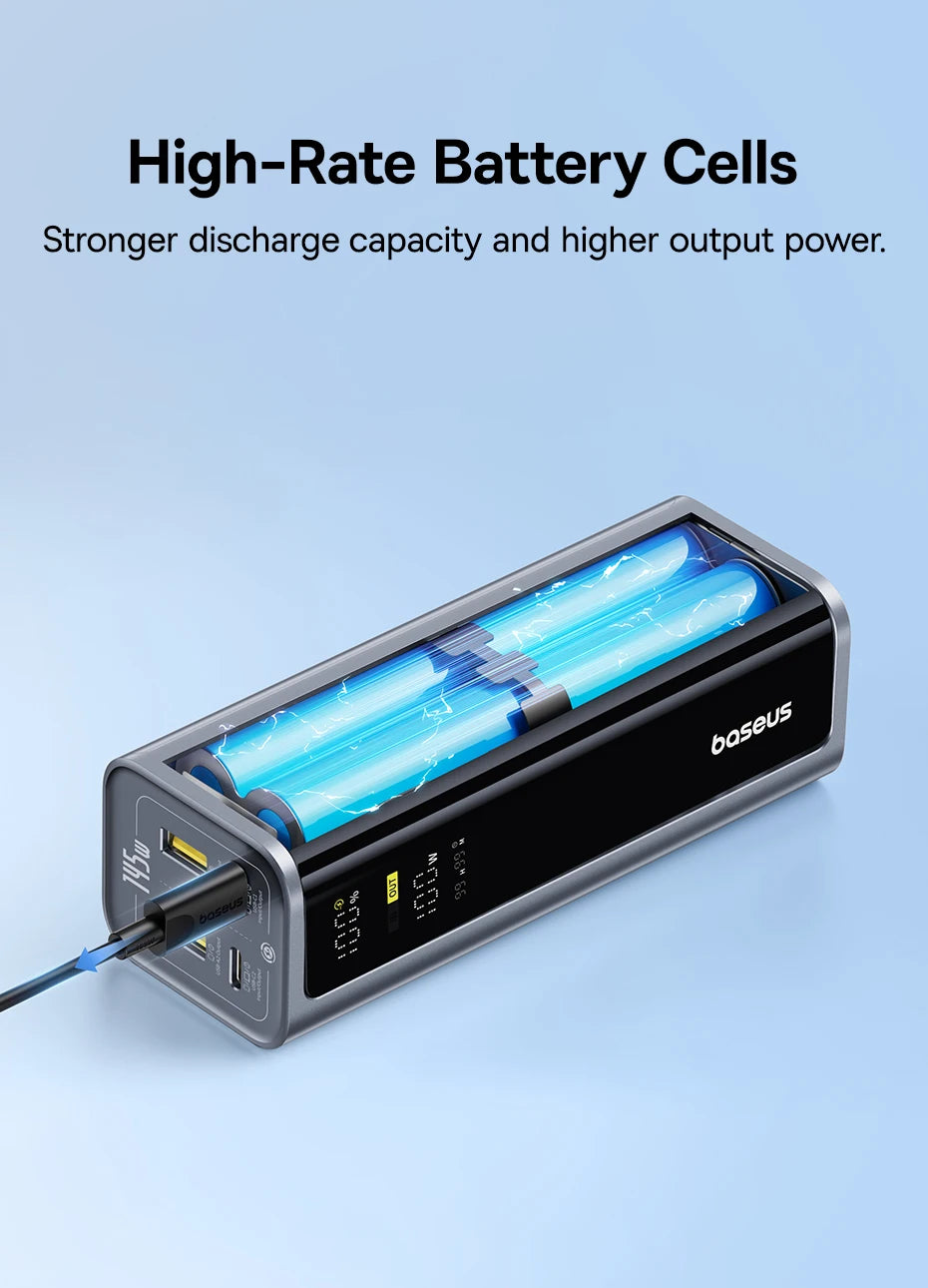 Baseus power bank with high-rate battery cells on a light blue background