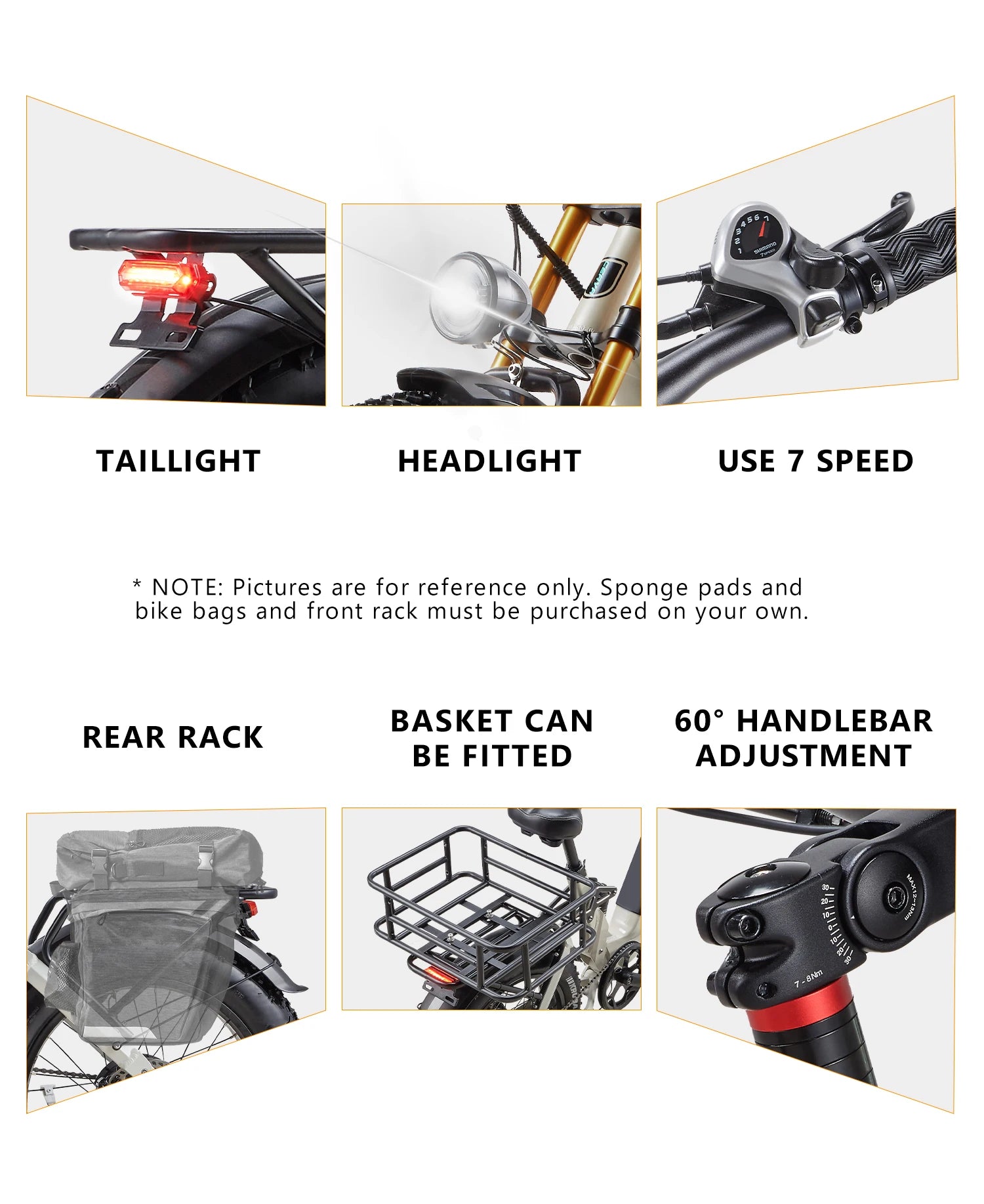 Electric Bicycle components including taillight, headlight, rear rack, basket, and handlebar adjustment on a white background.