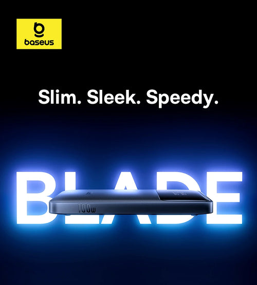 Product advertisement for Baseus Blade power bank with 'Slim. Sleek. Speedy.' text on a dark background.