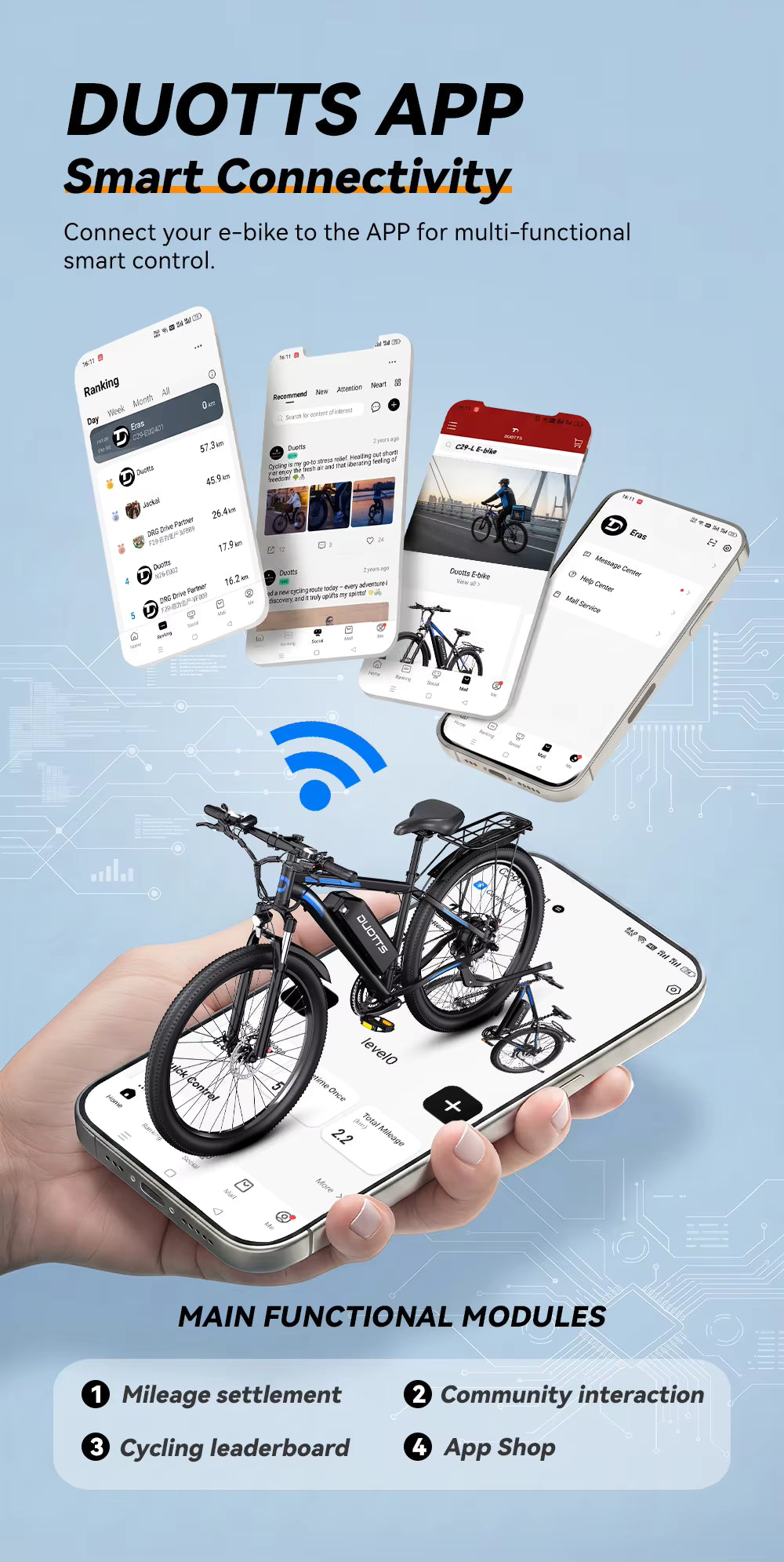 Smart e-bike control app with smartphone displaying bike and app interface on a blue background