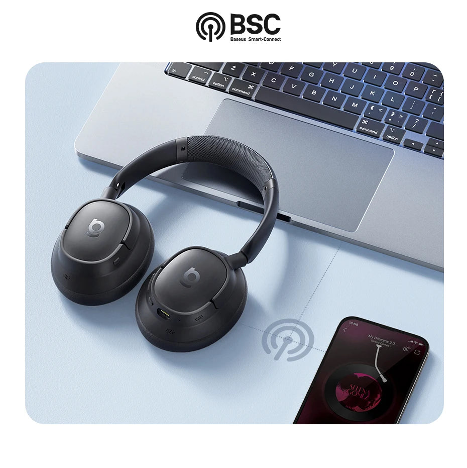 Black headphones on a light blue surface with a laptop and smartphone, featuring the BSC logo.