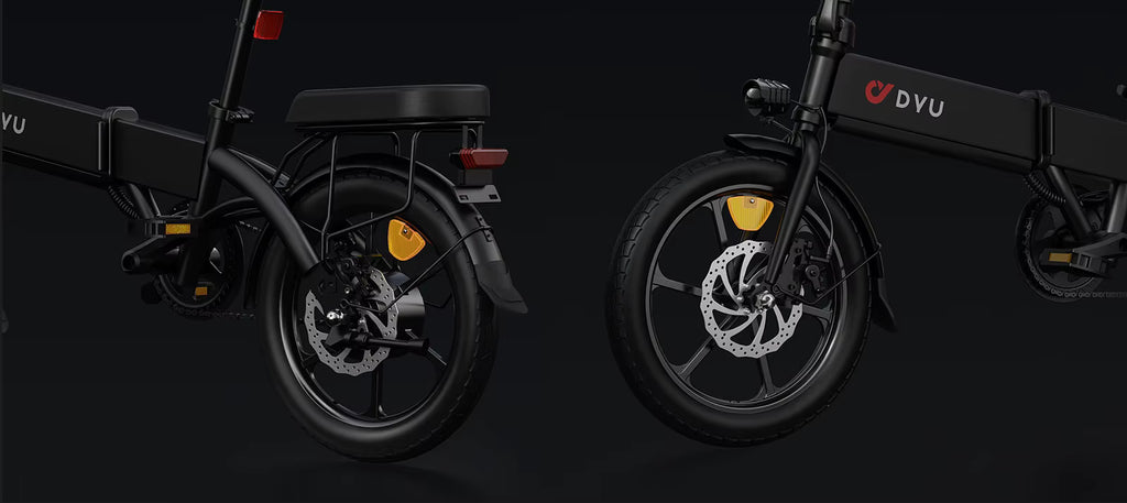 Two black DYU A1F Pro Folding E-Bikes electric bikes with yellow reflectors on a dark background, featuring the DVU brand. Showing different angles.