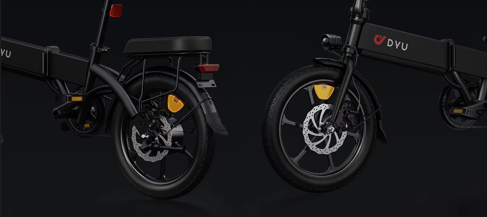 Two black DYU A1F Pro Folding E-Bikes electric bikes with yellow reflectors on a dark background, featuring the DVU brand. Showing different angles.