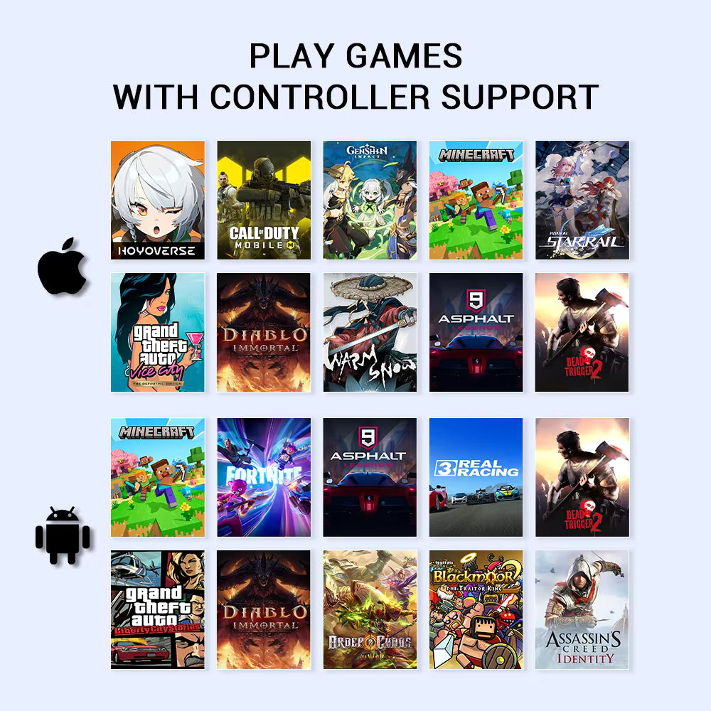 Collection of game icons with controller support text on a light blue background