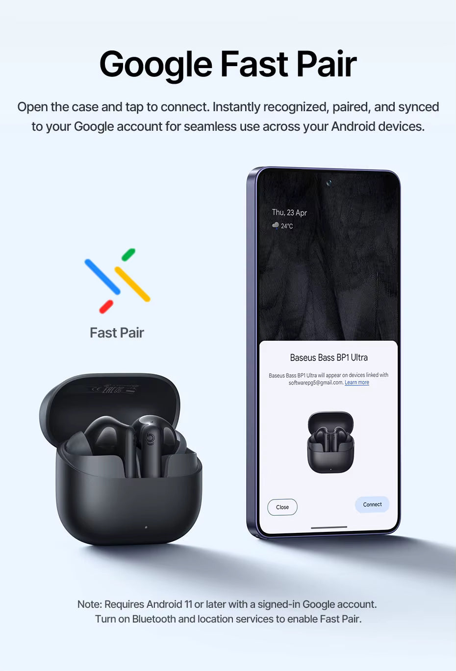Black wireless Baseus EP10 earbuds and smartphone displaying Google Fast Pair app on a white background