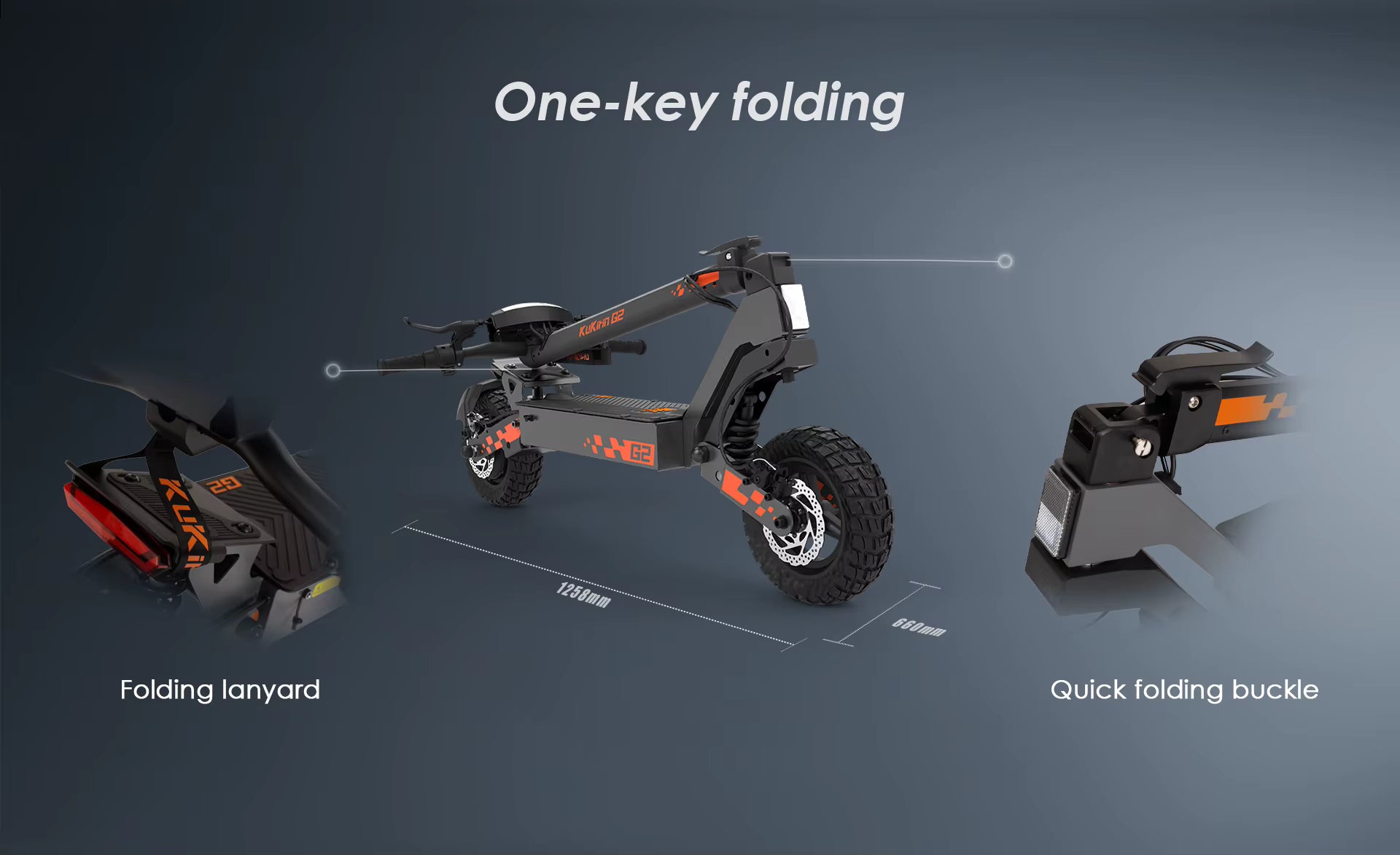 Folding electric scooter with components labeled on a dark background