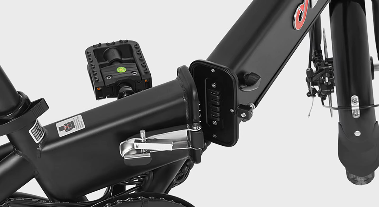 Close-up of a DYU A1F Pro Folding E-Bike electric bike's frame and components on a white background