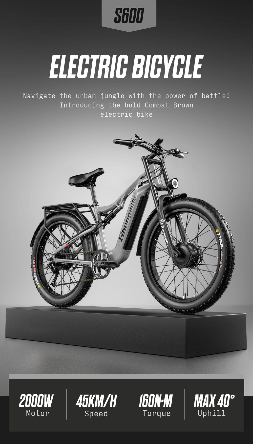 Electric bicycle on a gray background with branding and product features displayed.