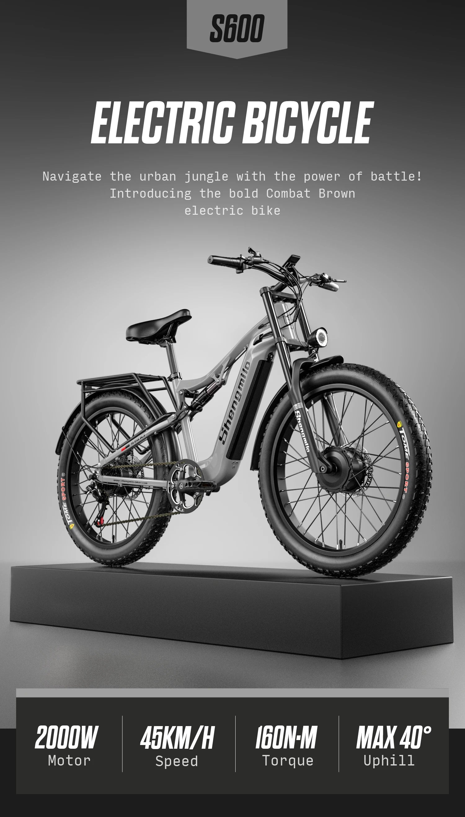 Electric bicycle on a gray background with branding and product features displayed.