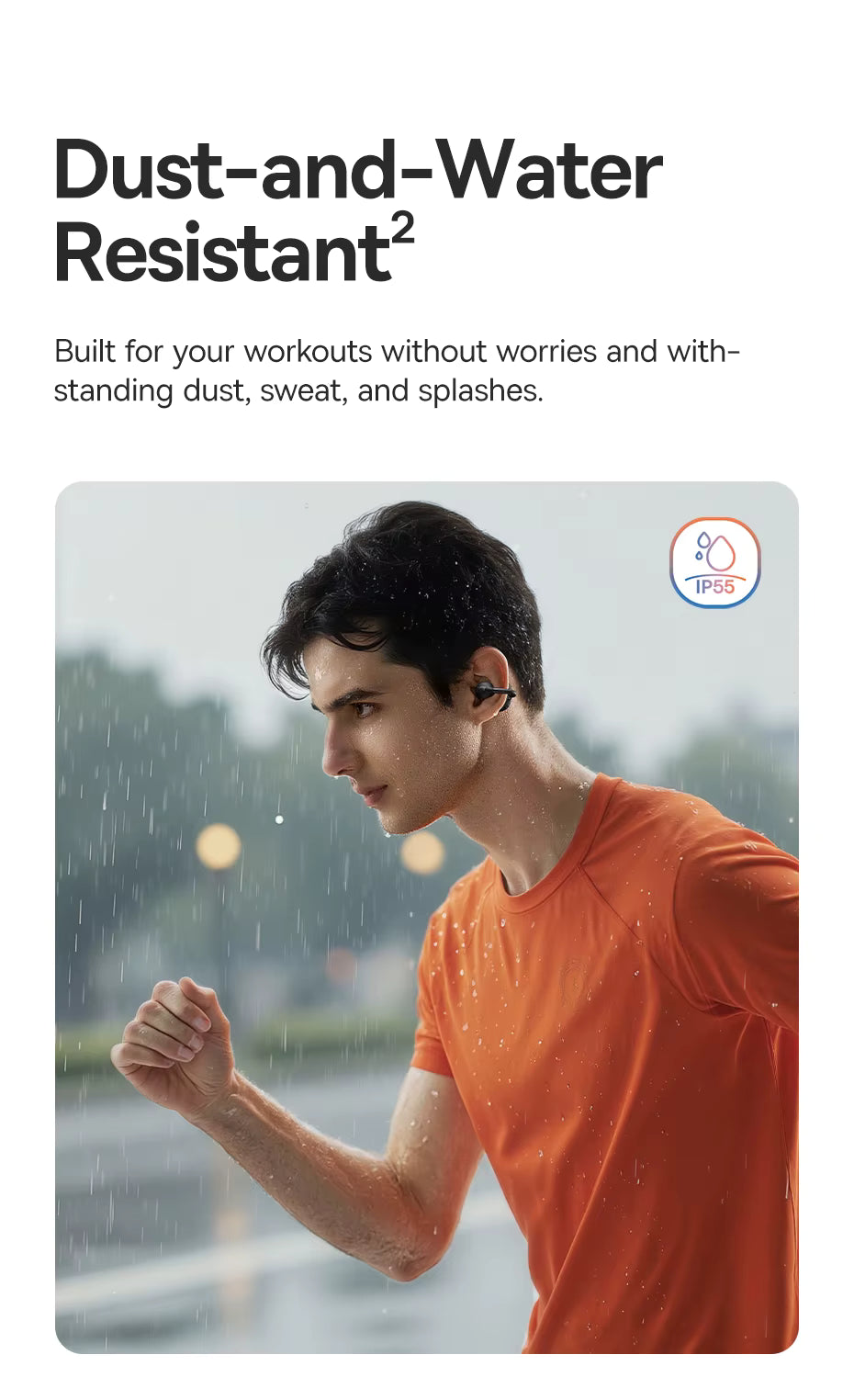 Person running outdoors with text about dust-and-water resistance