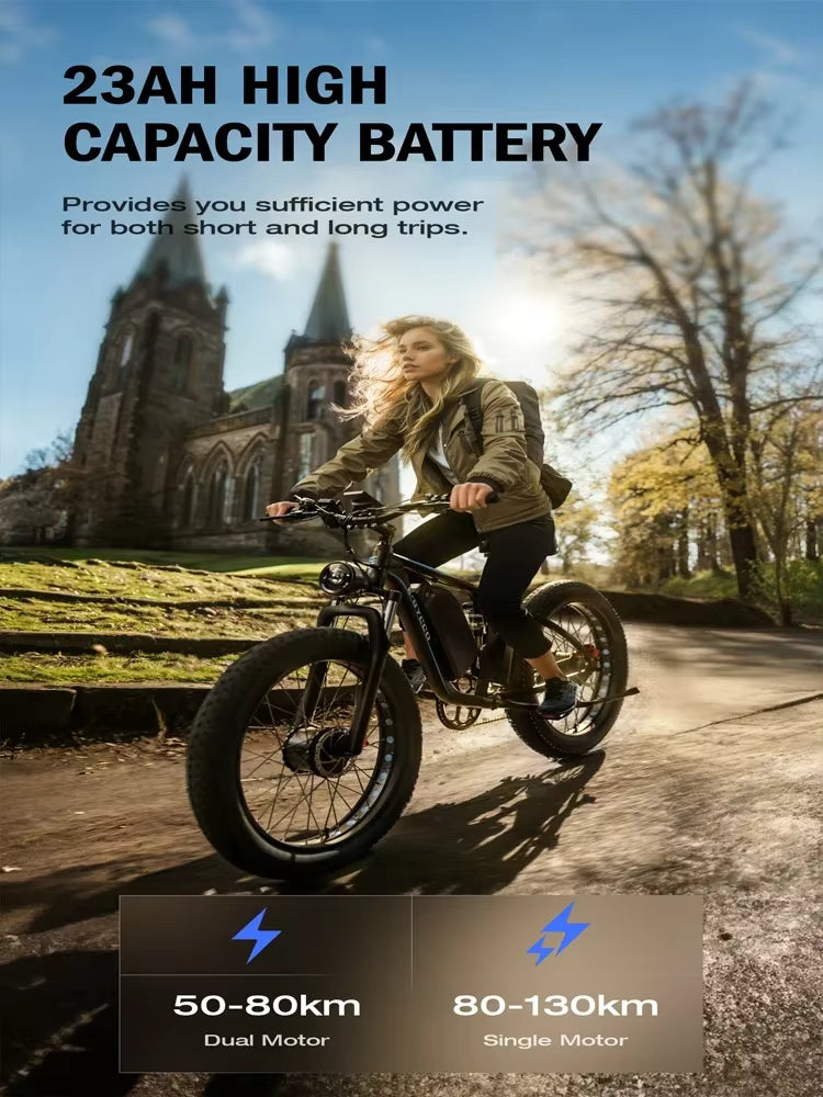 Woman riding a  E‑BYCCO EB7 Pro electric bicycle with text about high capacity battery on a scenic road.