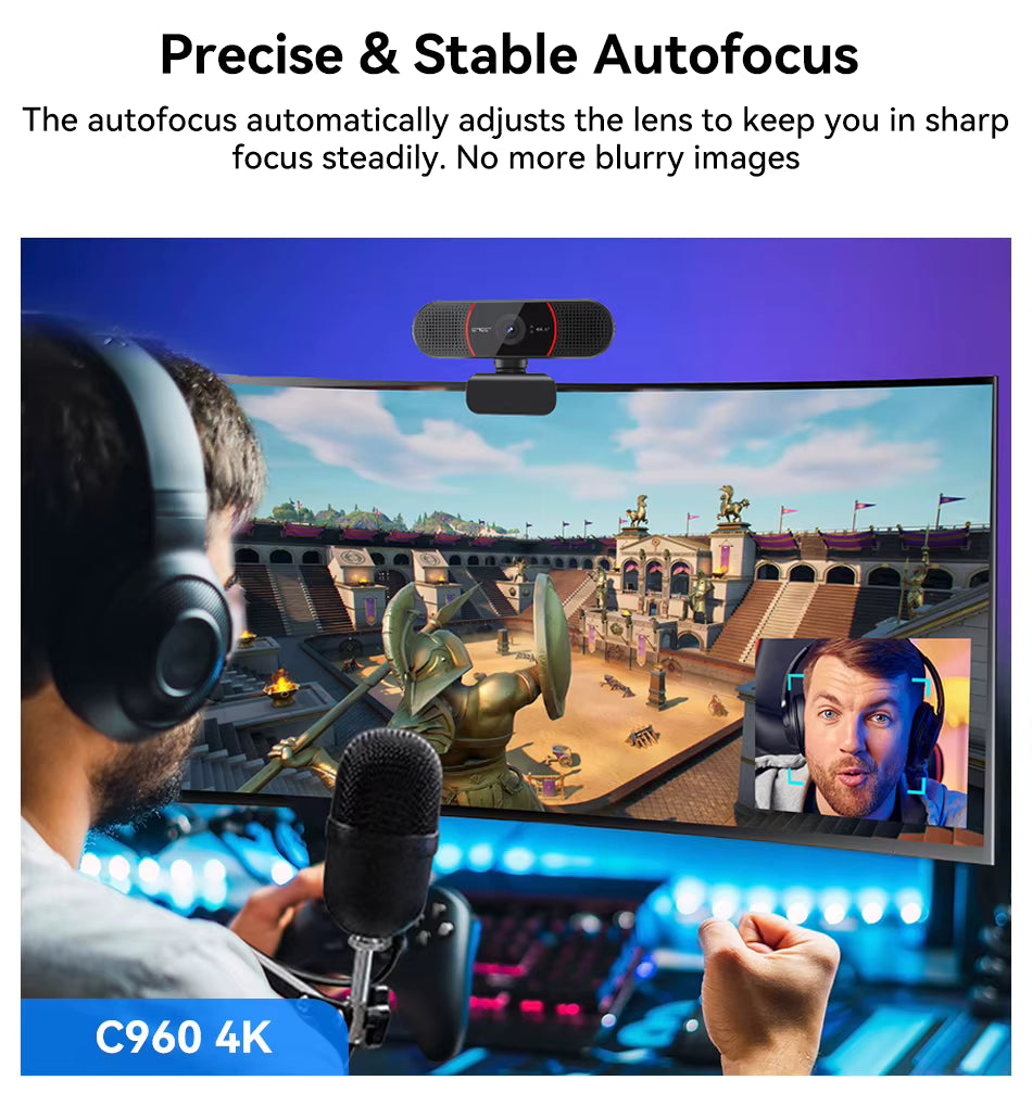 EMEET C960 4K webcam with precise stable autofocus mounted on curved gaming monitor during live stream