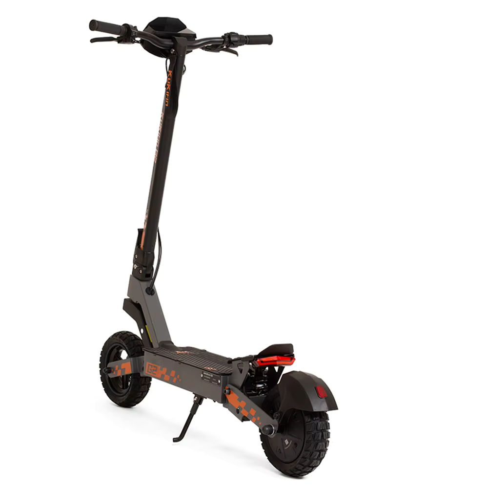 Black electric scooter with orange accents on a white background