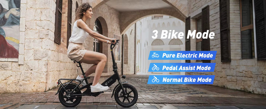 Woman riding an electric bike with text on bike modes in an urban setting.