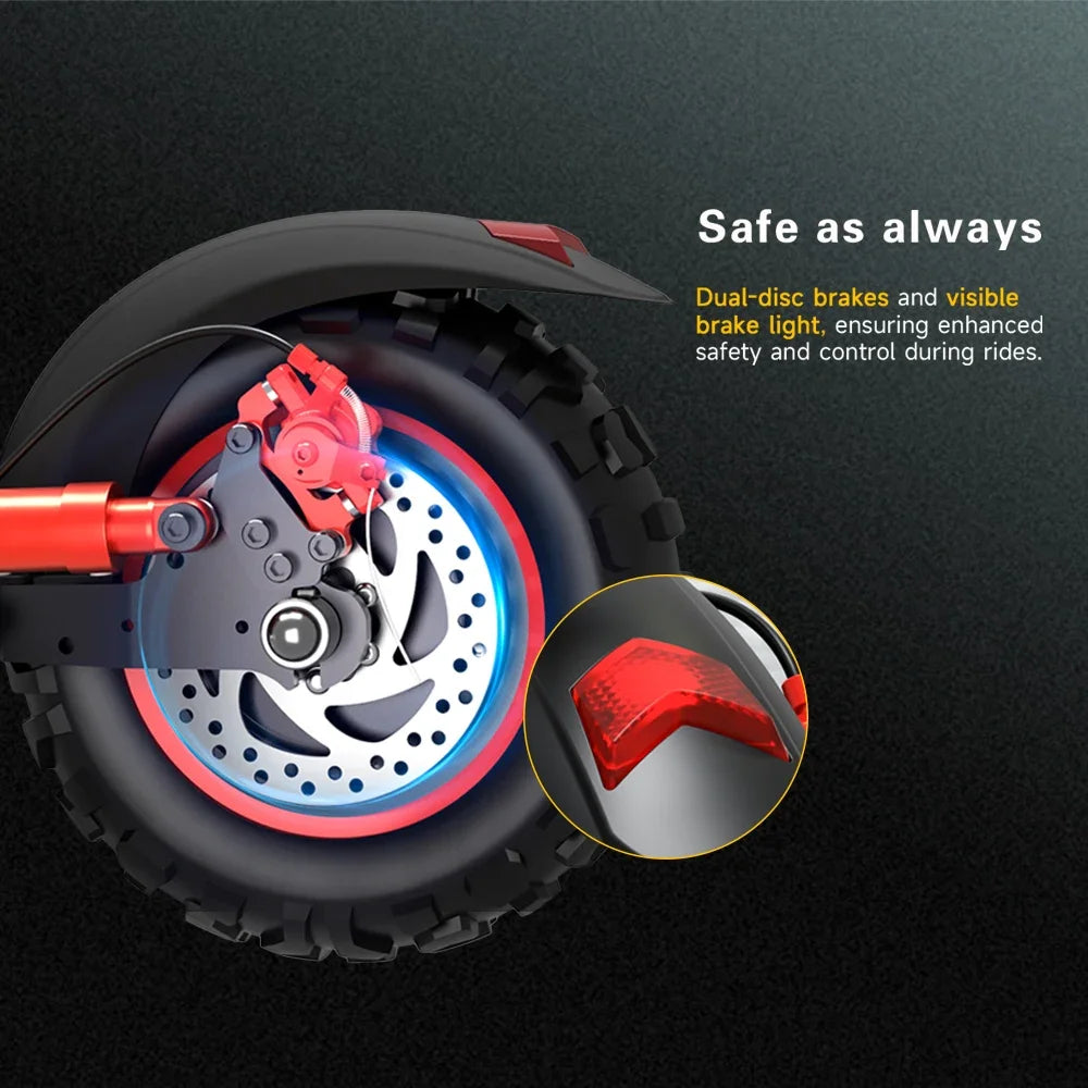 FREEBOY J11MAX  electric scooter wheel with dual-disc brakes and visible brake light on a dark background