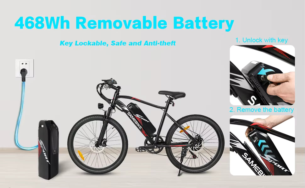 SAMEBIKE EBE2 E-Bike Electric bike with 468Wh removable battery, key lockable design, and charging cable.