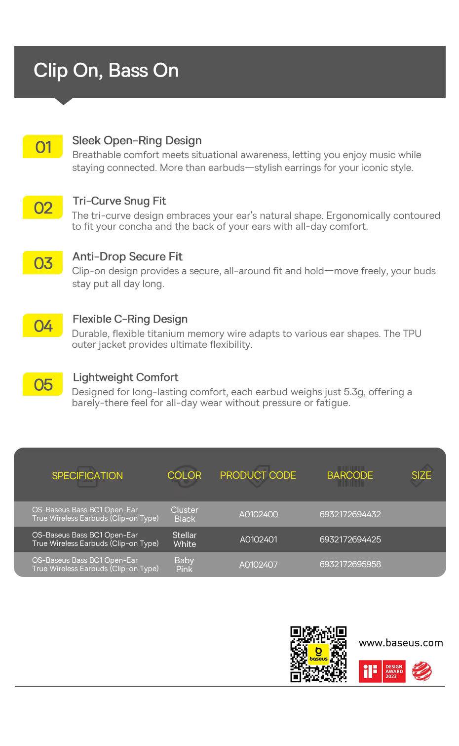 Product feature card with text detailing earbud design and specifications on a white background.