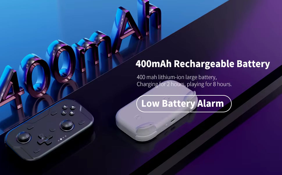 ACEGAMER Pocket Controller promotional graphic highlighting 400 mAh rechargeable lithium‑ion battery. Metallic 3D “400 mAh” text in blue and purple tones with black and white controllers on reflective surface. Text emphasizes 2‑hour charge time, 8‑hour playtime, and low battery alarm feature.