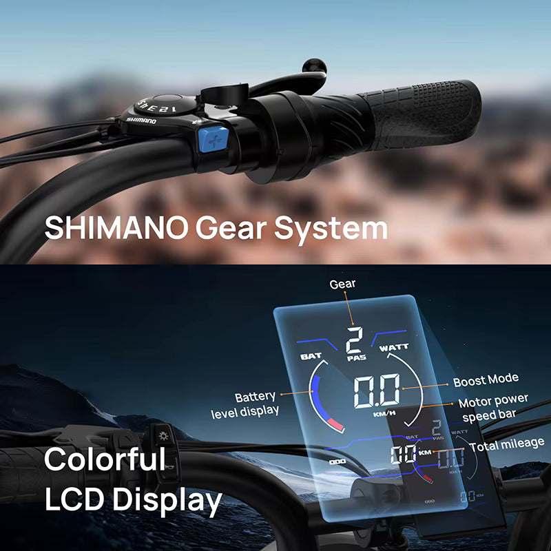  URLIFE T2 SHIMANO gear system with colorful LCD display on a blurred outdoor background