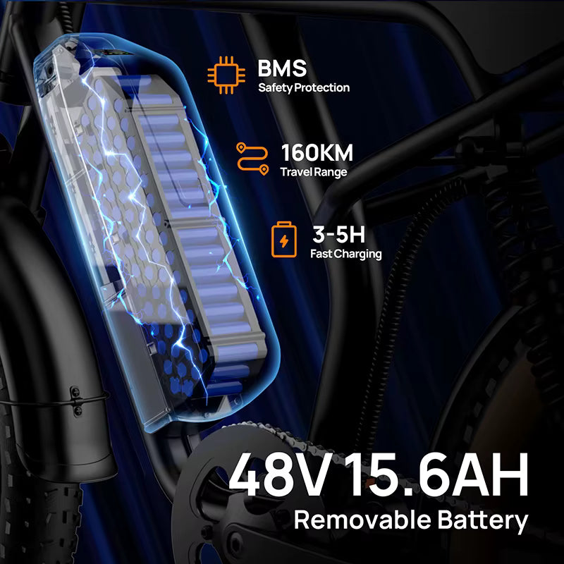  Electric Bicycle URLIFE T2 48V 15.6AH removable battery pack with safety features on a dark background