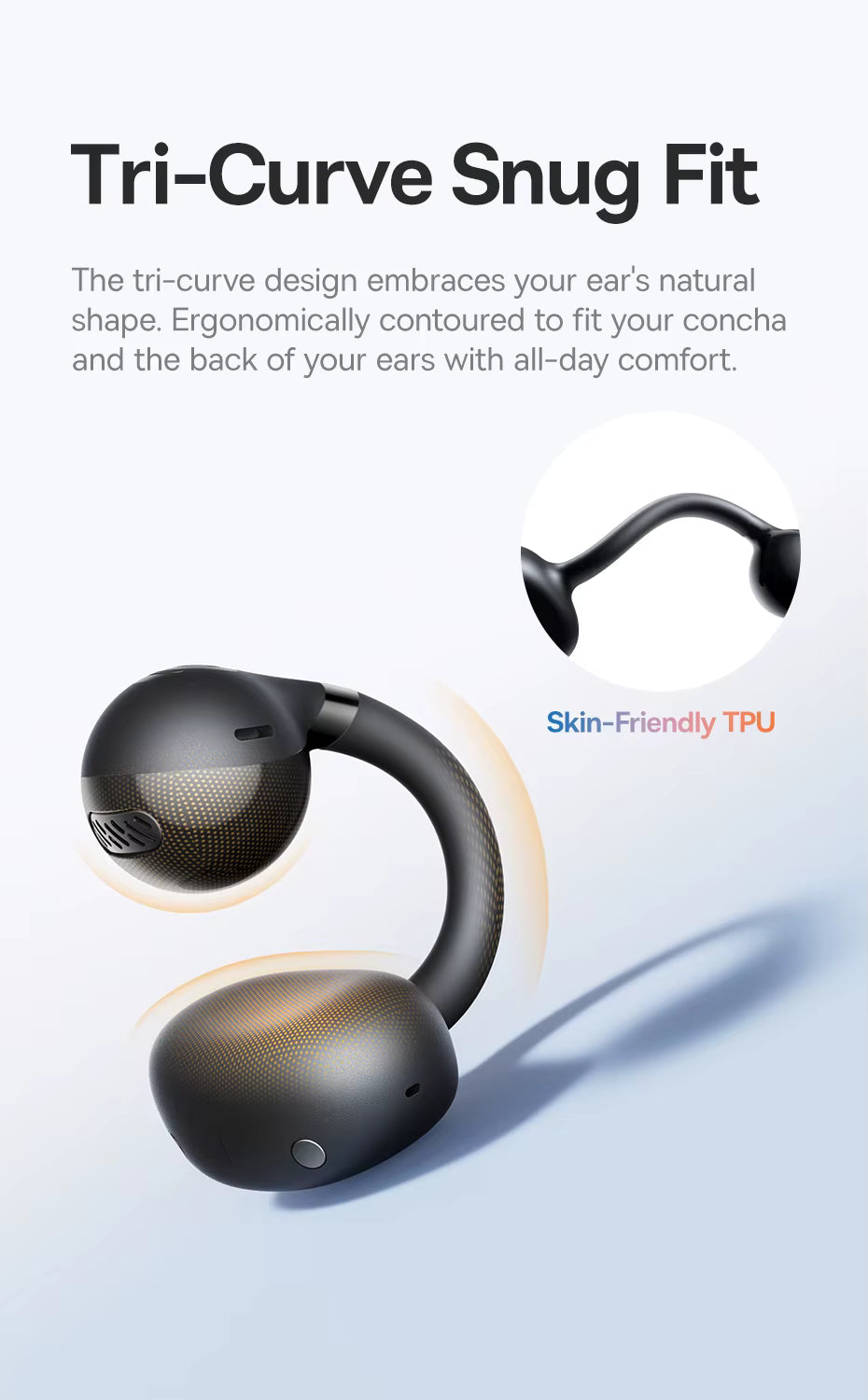 Black earbud with text about tri-curve design and skin-friendly TPU on a light blue background