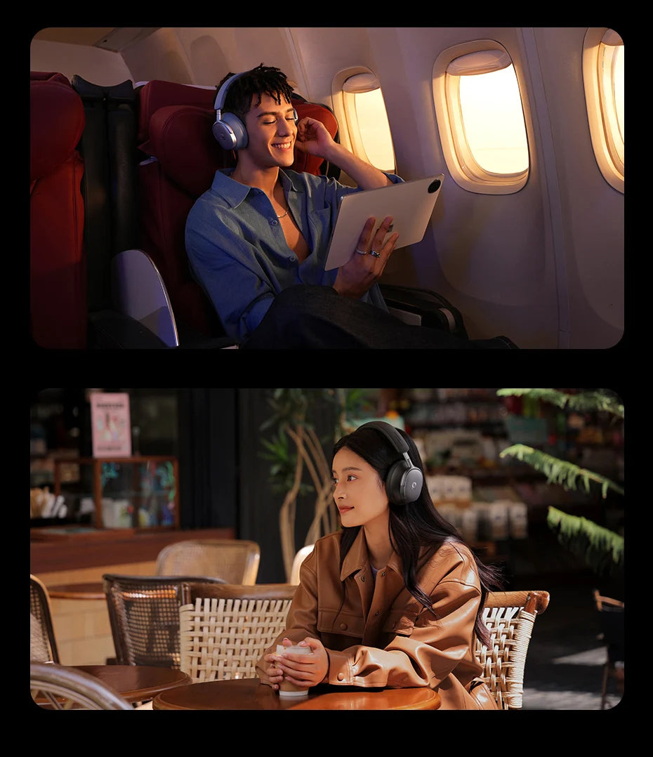 Two people using electronic devices in different settings: one on an airplane and one in a cafe.