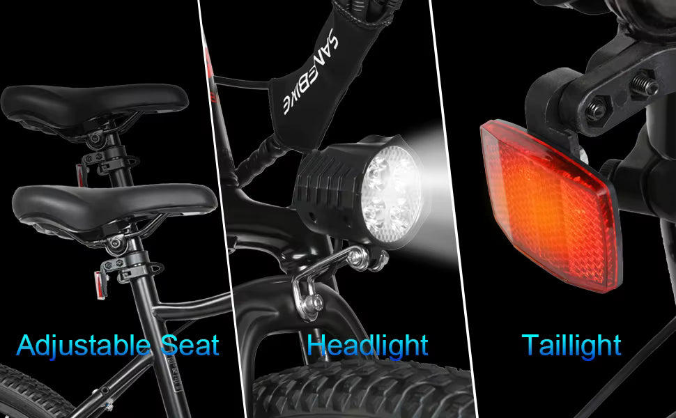SAMEBIKE EBE2 E-Bike Electric Bicycle features including adjustable seat, headlight, and taillight on a black background.