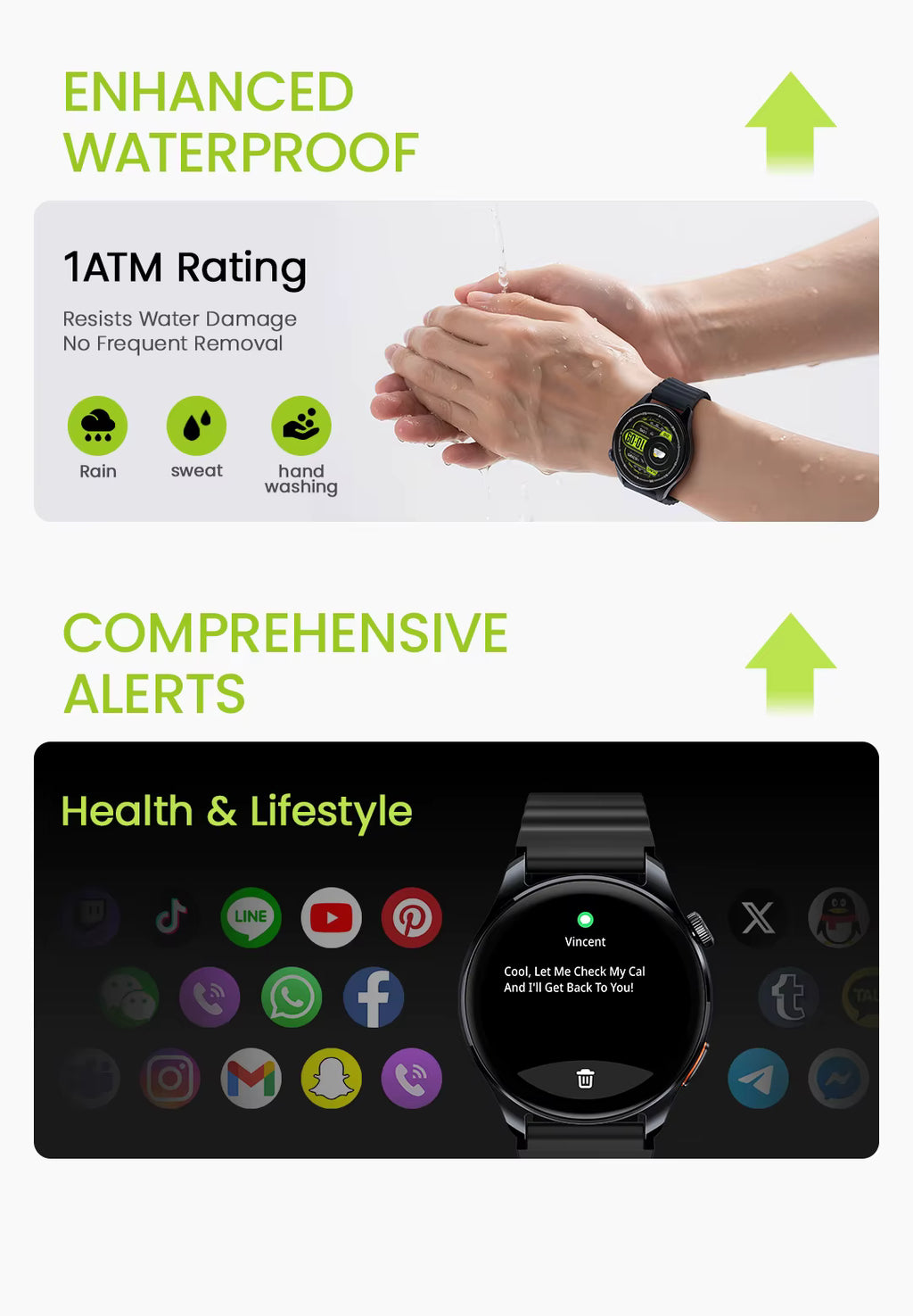 Promotional graphic for a smartwatch, showing two feature panels: one with hands under running water highlighting 1ATM waterproof rating, and another showing app icons and a watch screen for health and lifestyle alerts.