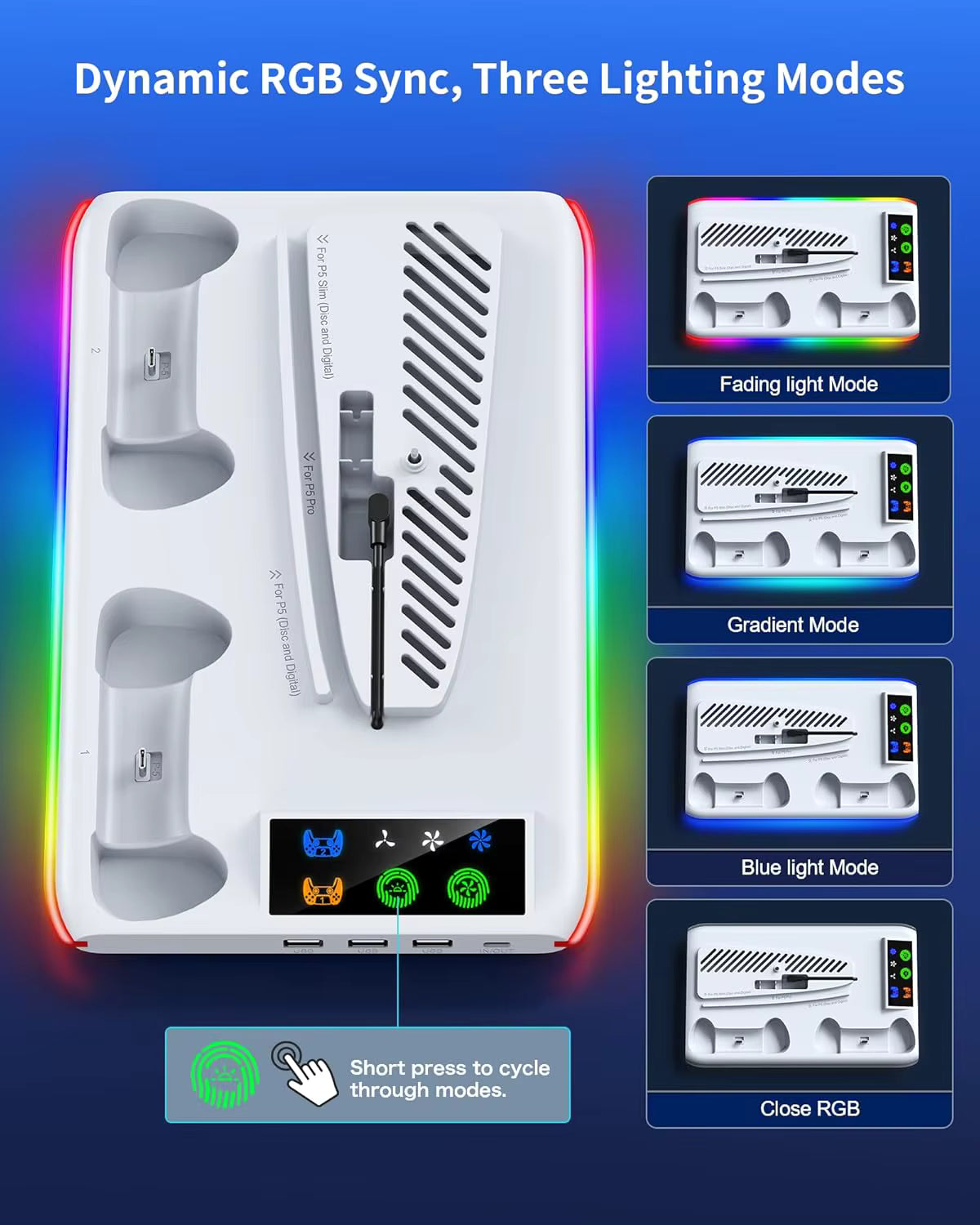 Dynamic RGB ambient lighting system showing three customizable LED glow modes on thermal dock base