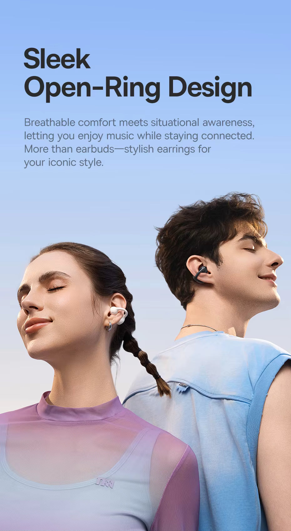 Two people wearing wireless earbuds with a clear blue sky background