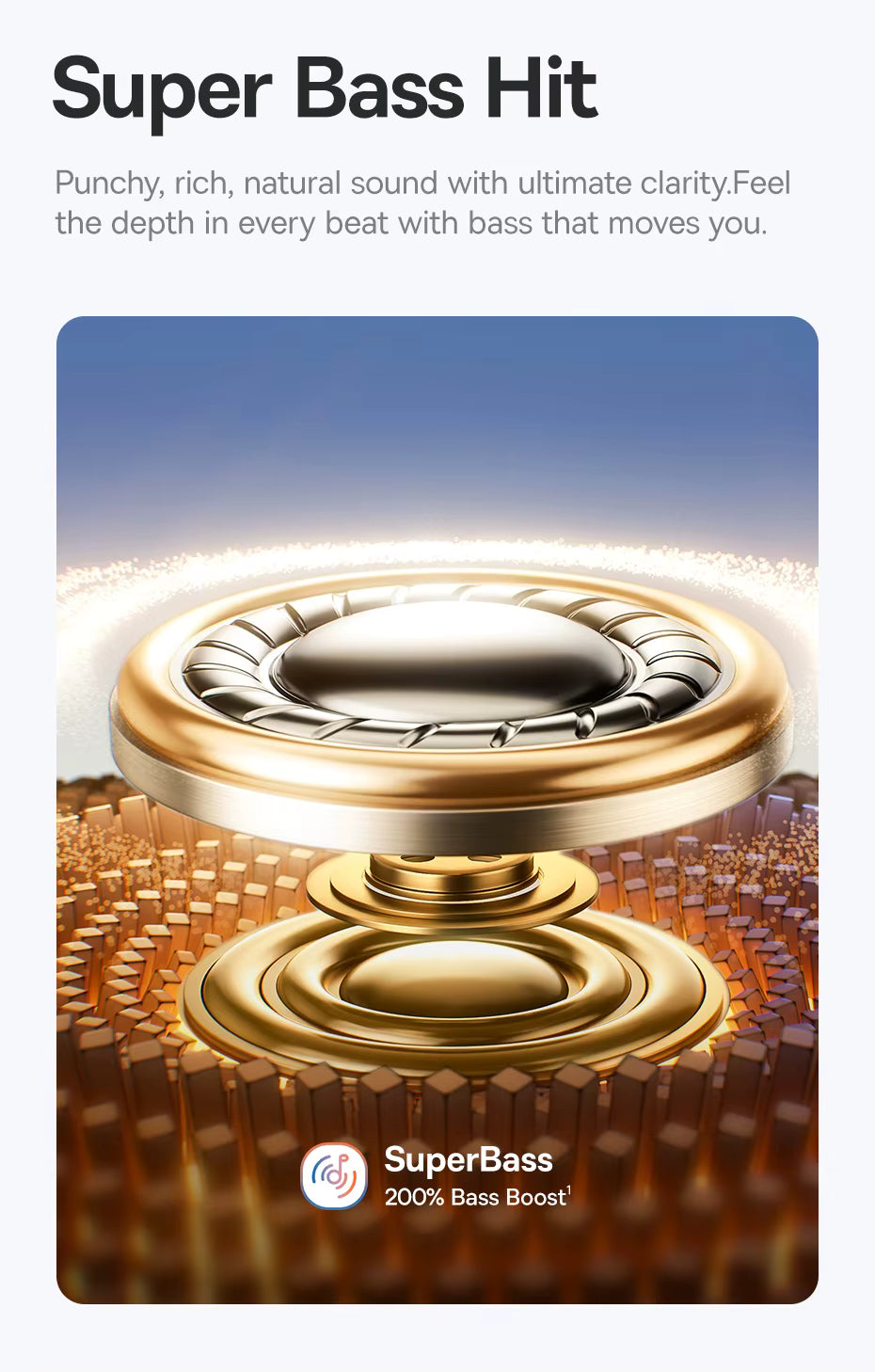 Gold speaker driver with 'SuperBass' branding on a white background