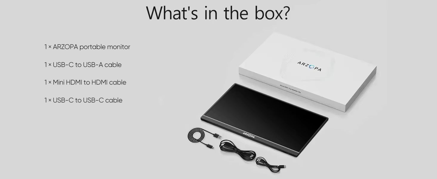 ARZOPA portable monitor with cables and accessories on a light gray background