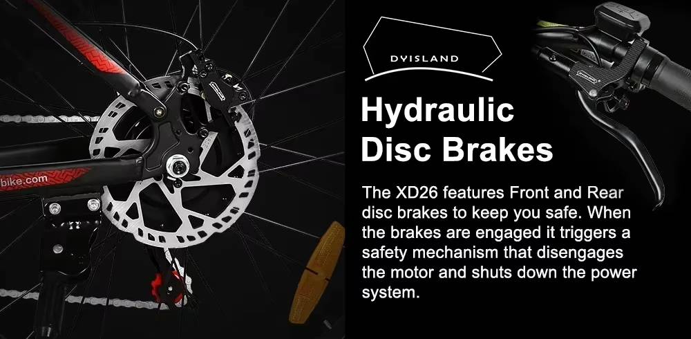 Samebike XD26-II electric bicycle with hydraulic disc brakes on a black background, featuring Dvisland branding.
