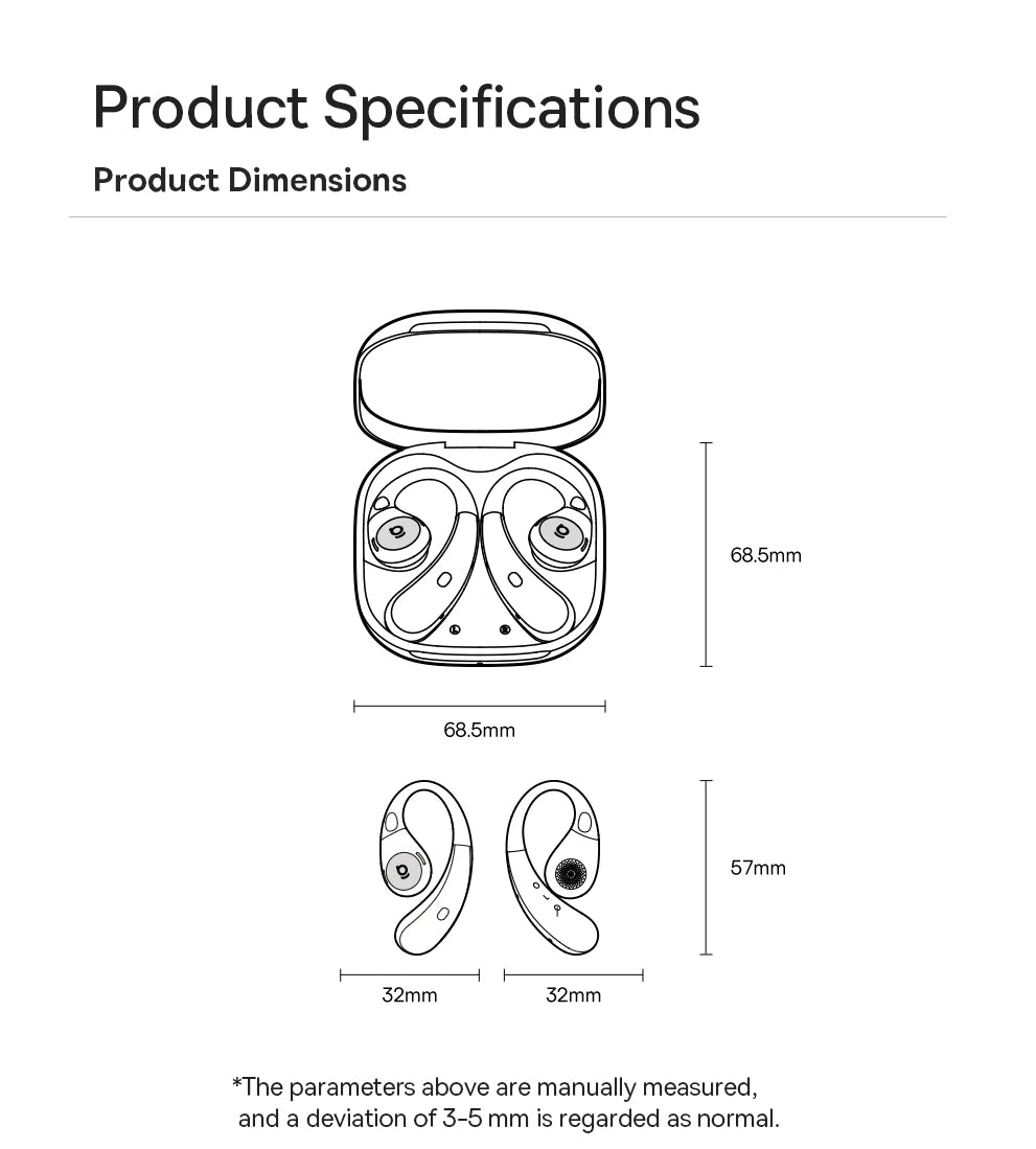 Product dimensions of Baseus Eli Sport 2 Open-Ear Wireless Earphones wireless earbuds with charging case on a white background