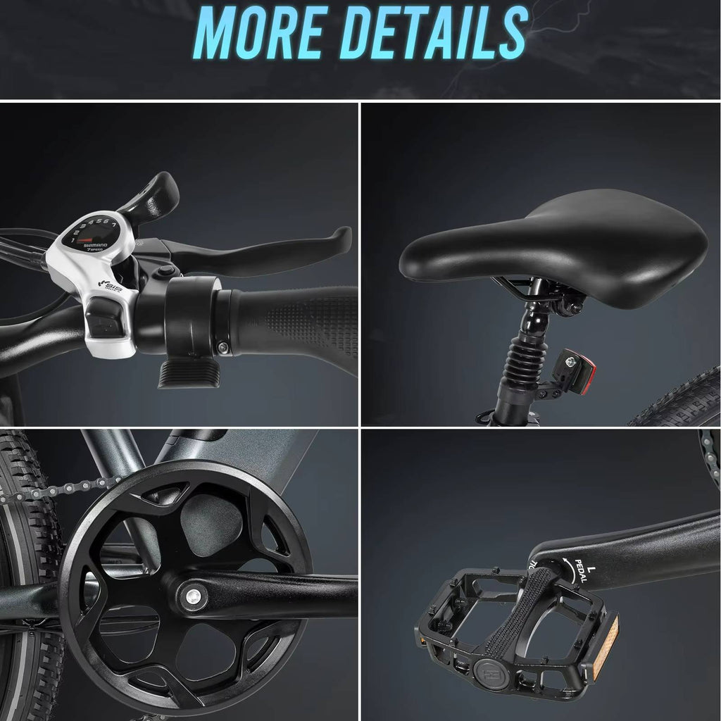 Collage of SAMEBIKE RS-A01 MEN electric bicycle parts including handlebar, seat, wheel, and pedal on a dark background with 'MORE DETAILS' text.