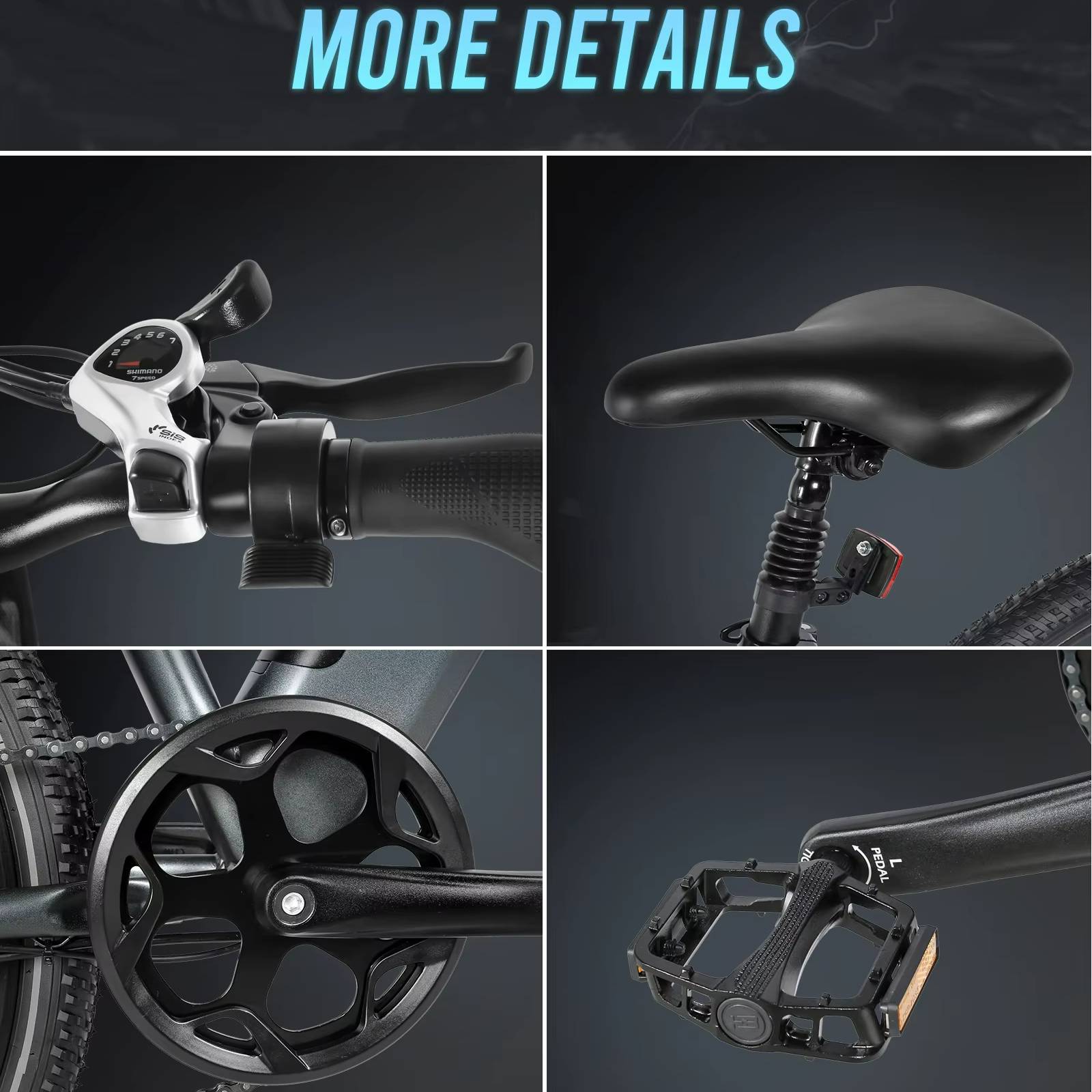 Collage of SAMEBIKE RS-A01 MEN electric bicycle parts including handlebar, seat, wheel, and pedal on a dark background with 'MORE DETAILS' text.