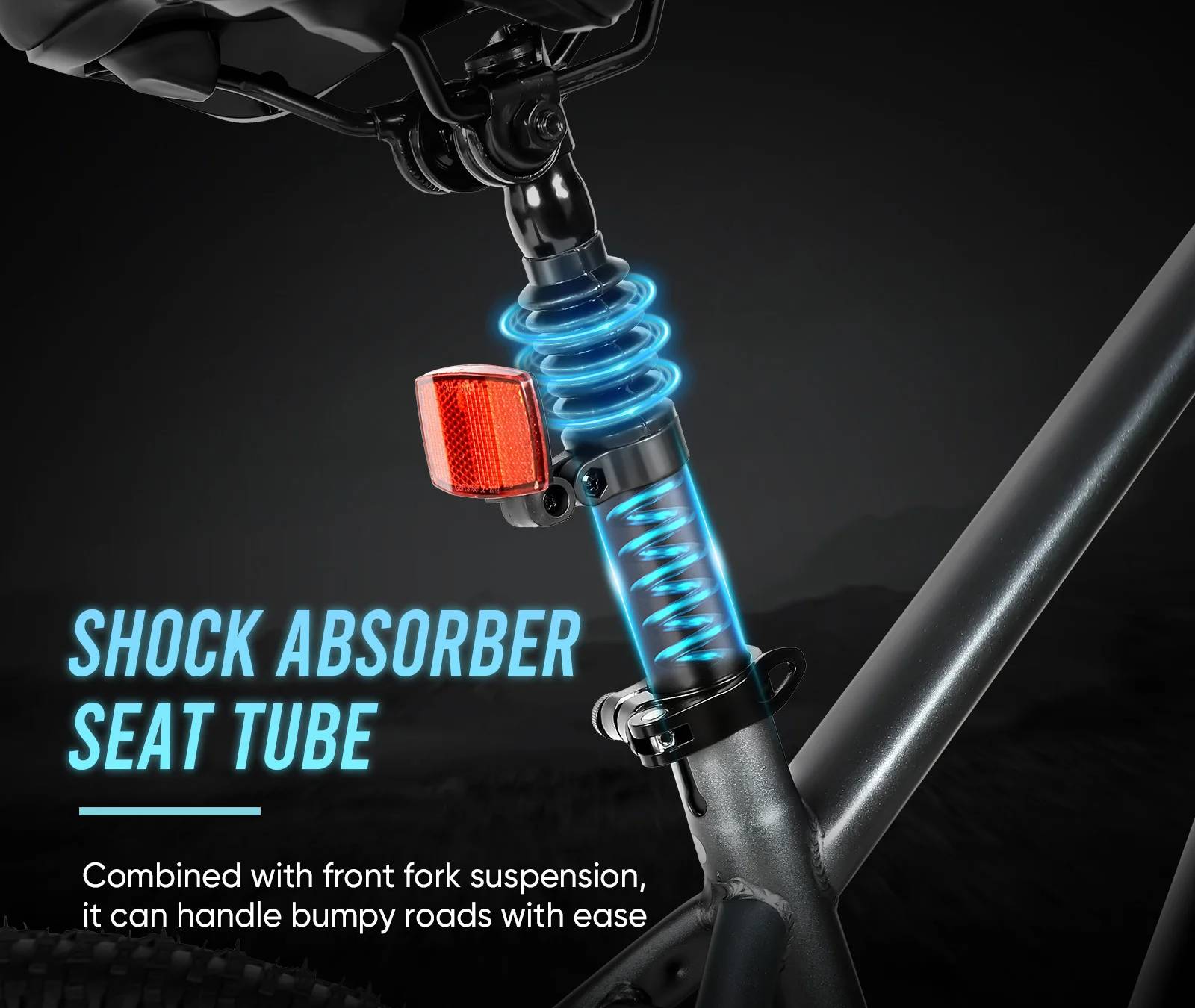 SAMEBIKE RS-A01 MEN Electric Bicycle shock absorber with seat tube and front fork suspension highlighted on a dark background.