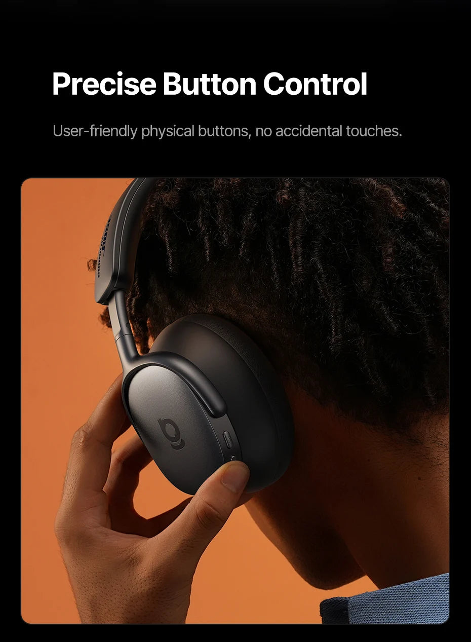 Person wearing black Baseus Inspire XH1  over-ear headphones with text about precise button control on a black background.