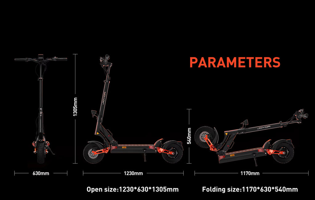 E-scooter with dimensions and parameters on a black background