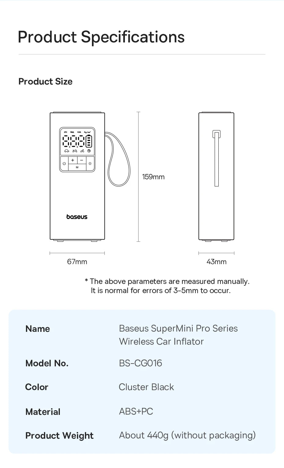 Product specifications for Baseus SuperMini Pro wireless car inflator with dimensions and weight details.