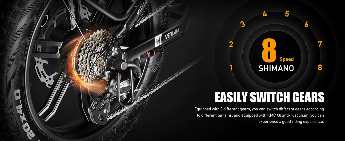 Close-up of a Vitilan i7 Pro 3.0 electric bicycle gear system with Shimano branding on a black background