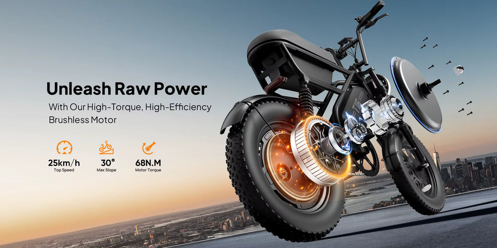 Detailed mechanical diagram highlighting the internal gear and coil assembly of the Urlife T16 rear hub motor, emphasizing its 68Nm torque and 30° hill climbing capacity.