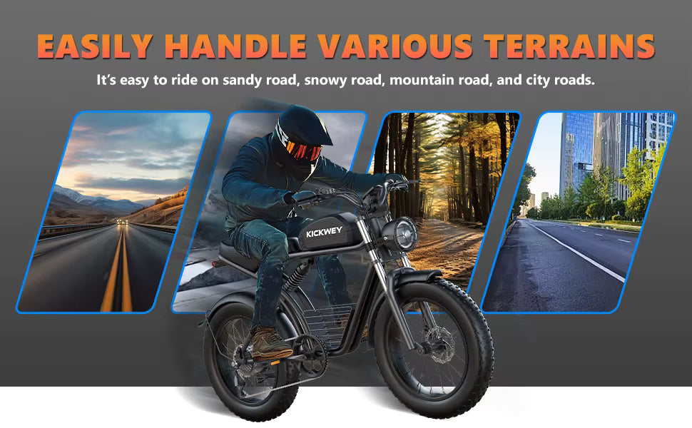 Electric bicycle on a road with scenic backgrounds and text about handling various terrains.