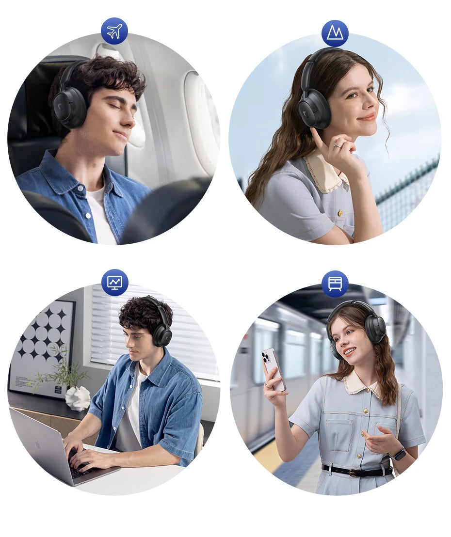 Four people wearing headphones in different settings with icons above them.