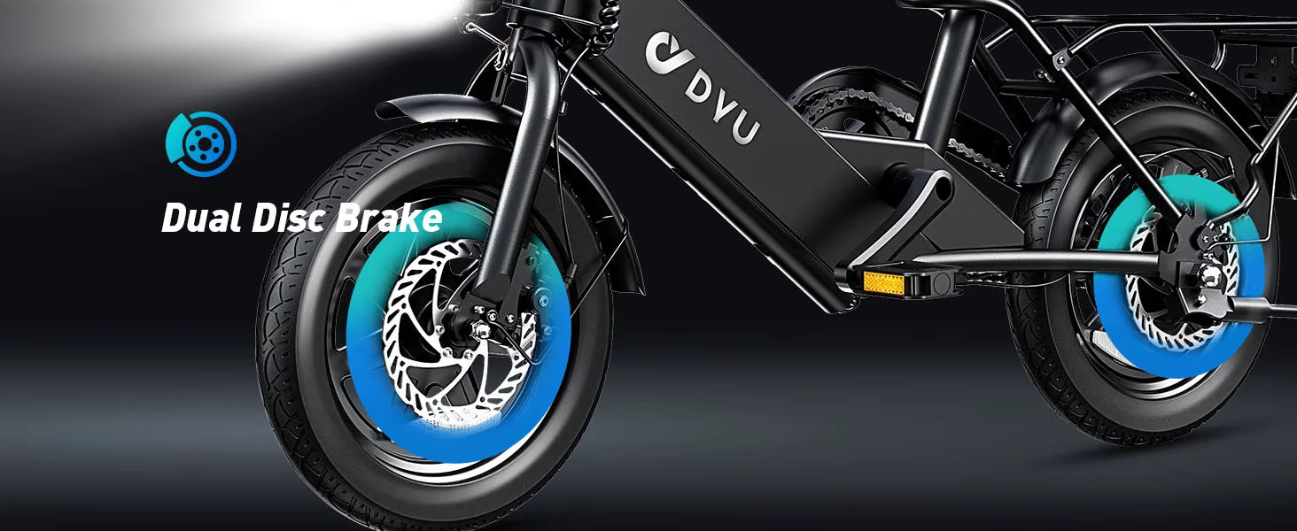 Electric bike with 'DYU' branding and dual disc brake system on a dark background