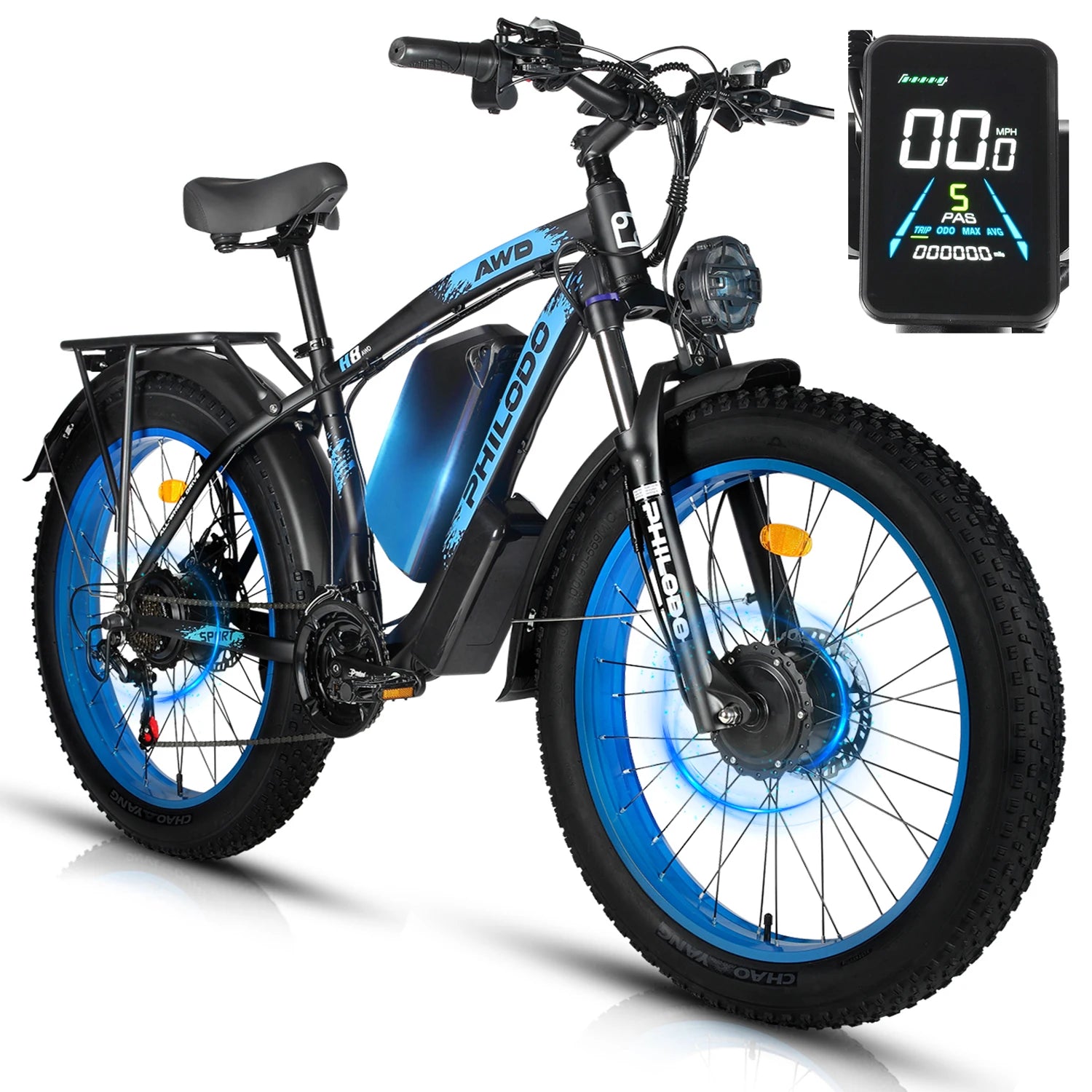Electric bike with blue wheels and a digital display on a white background