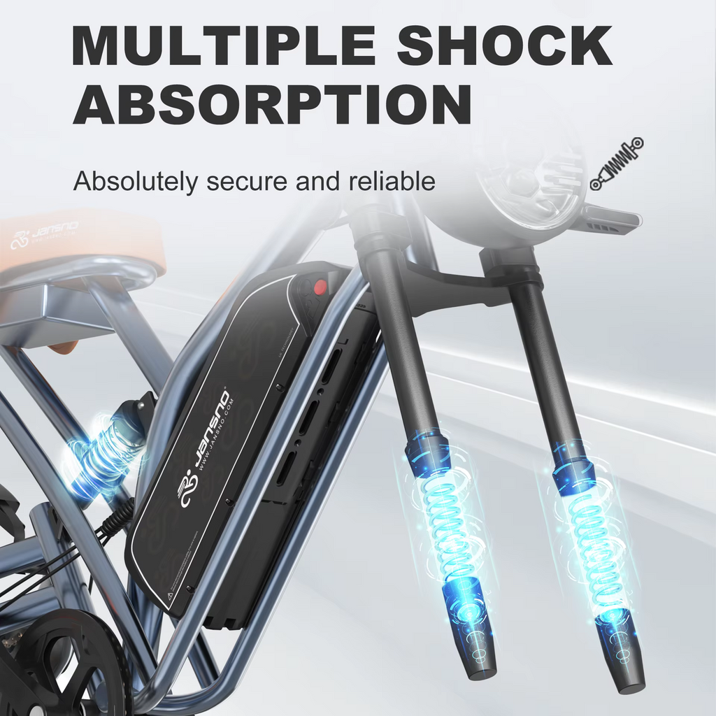 JANSNO X50 Shock absorbers with multiple shock absorption feature on a bike, emphasizing security and reliability.