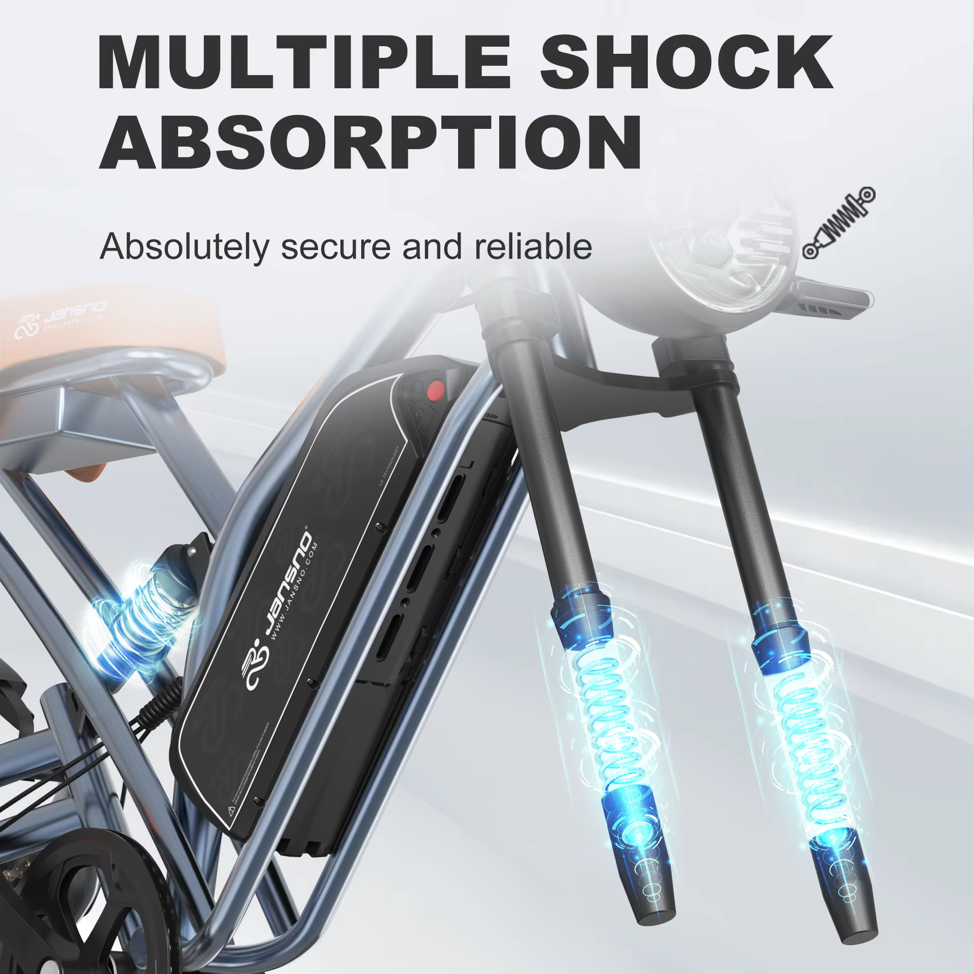 JANSNO X50 Shock absorbers with multiple shock absorption feature on a bike, emphasizing security and reliability.